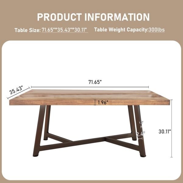 72" Farmhouse Wood Dining Table for 4 5 6 People, Rustic Solid Wood Brown Rectangular Kitchen Tables, Large Dinner Table w/Adjustable Metal Leg for Home Office,Dining Room,Family - Image 2