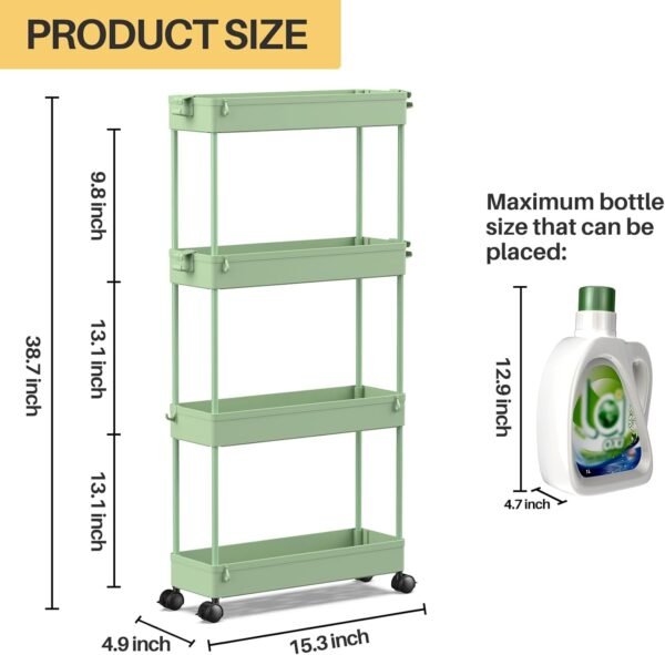 SPACEKEEPER Slim Rolling Storage Cart 4 Tier Bathroom Organizer Utility Cart Mobile Shelving Unit Tower Rack for Kitchen, Laundry Room, Bathroom, Narrow Places, Green - Image 4