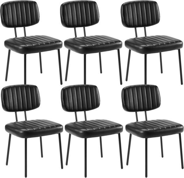 Sweetcrispy Dining Chairs Set of 6, Upholstered Mid Century Modern Kitchen Dining Room Accent Chairs with Faux Leather Cushion Seat & Metal Legs for Kitchen, Living Room - Black