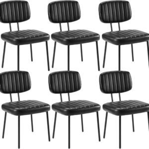 Sweetcrispy Dining Chairs Set of 6, Upholstered Mid Century Modern Kitchen Dining Room Accent Chairs with Faux Leather Cushion Seat & Metal Legs for Kitchen, Living Room - Black