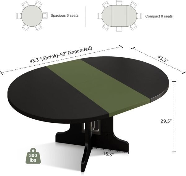 Feonase 59" Round Extendable Dining Room Table for 6, Modern Oval Kitchen Table with Heavy Duty Wood Base, for Kitchen Dining Living Room, Easy Assembly, Noise-Free, Black - Image 2
