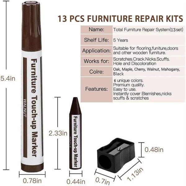 Furniture Repair Kit Wood Markers - Set of 13 - Markers and Wax Sticks with Sharpener Kit, for Stains, Scratches, Wood Floors, Tables, Desks, Carpenters, Bedposts, Touch Ups, and Cover Ups - Image 2