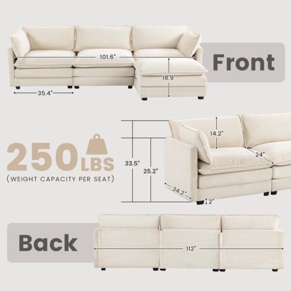 ROWHY Oversized Modular Sectional Sofa with Movable Ottoman, 112 Inch 4 Seat Modern Corduroy Sofa Set, Convertible L Shaped Couch for Living Room and Office, Beige - Image 2
