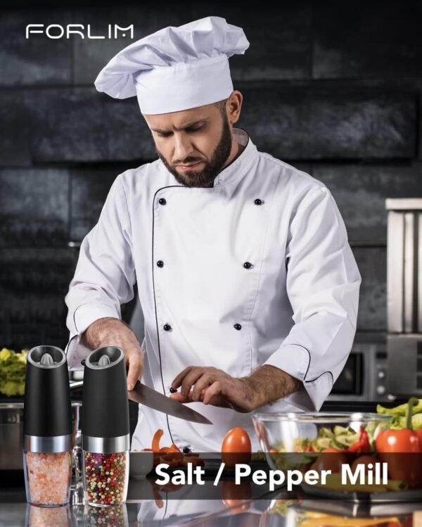 FORLIM Gravity Electric Salt and Pepper Grinder Set, Automatic Pepper Mill Grinder, Battery Powered Adjustable Coarseness with LED Light, One Hand Operation Premium Kitchen Gadget for Spices (Black) - Image 3