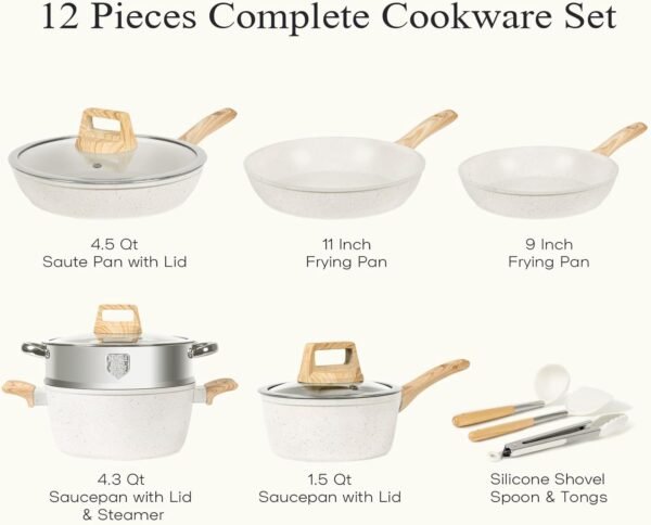 12 Pcs Pots and Pans Set, Nonstick Cookware Sets White Granite Induction Cookware, Non-toxic Healthy Non Stick Kitchen Cooking Set with Frying Pans Set, Saucepans,Steamer (PFAS, PFOA, PFOS Free) - Image 7