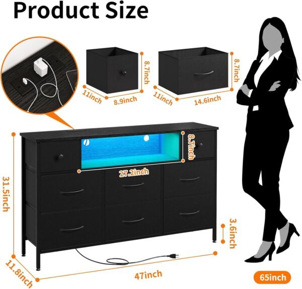 Fixwal Dresser for Bedroom with Power Outlets and LED Lights, Black 55" TV Stand with 8 Drawers, Fabric Chest of Drawers with PU Finish for Living Room, Entryway - Image 3