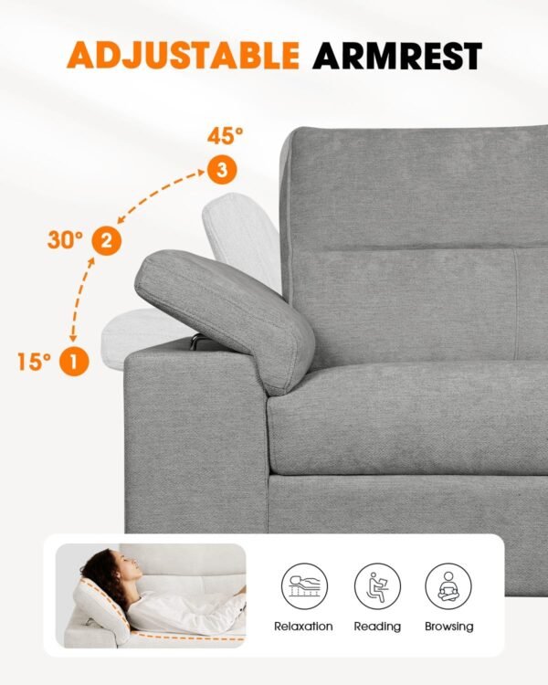 88.97" Modern Sofa Couch for Living Room, Deep Seat Sleeper Sofa with 8”Cushion, Comfy 2-Seater Chenille Loveseat Sofa with Convertible Armrest, Removable Sofa Cover, High Leg(Light Gray) - Image 3