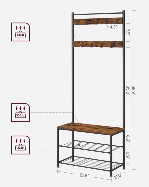 VASAGLE Coat Rack, Hall Tree with Shoe Storage Bench, Entryway Bench with Shoe Storage, 3-in-1, Steel Frame, for Entryway, 12.6 x 27.6 x 68.9 Inches, Industrial, Rustic Brown and Black UHSR41BX - Image 4