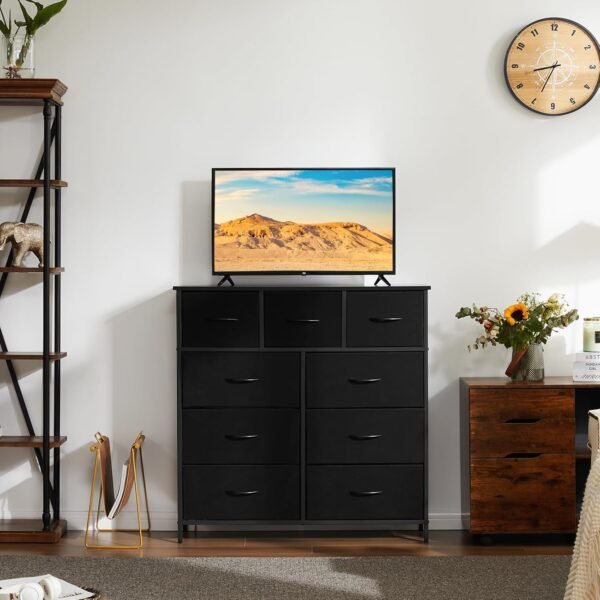 DUMOS Dresser for Bedroom, Storage Organizer with 9 Drawers, Chest of Drawers with Fabric Bins, Sturdy Metal Frame, Wood Tabletop for Guest Room, Closet, Entryway, Nursery - Image 2