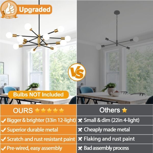 33" Modern Chandelier Ceiling Light Fixture, 12-Light Sputnik Chandeliers Gold and Black Mid Century Chandelier Over Table, Height Adjustable Chandeliers for Dining Room Living Room Kitchen Island - Image 2