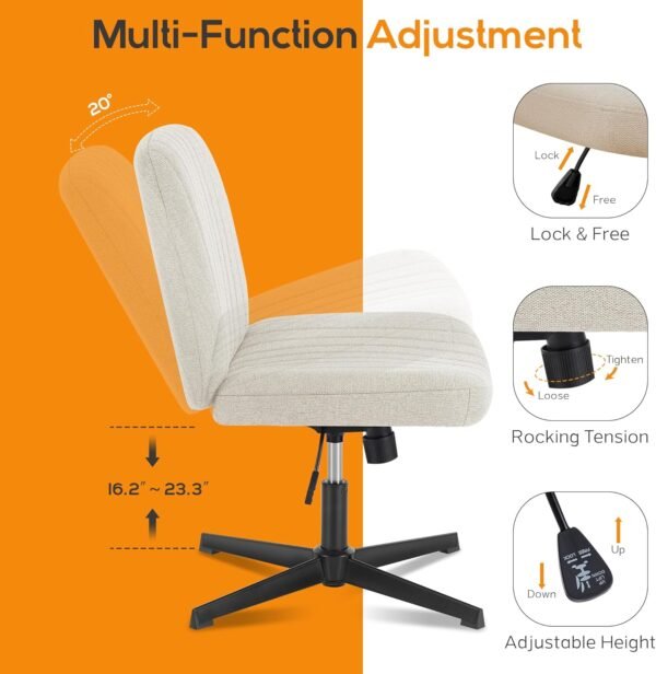 DUMOS Criss Cross Chair Legged Office Wide Comfy Desk Seat, No Wheels Armless Computer Task Seating, Swivel Vanity Home Height Adjustable - Image 4