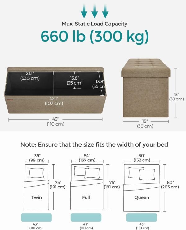 SONGMICS MAZIE Collection - 43 Inches Folding Storage Ottoman Bench, Ottoman Foot Rest, End of Bed Bench, Storage Chest, Load 660 lb, for Living Room, Bedroom, Entryway, Camel Brown ULSF077R01 - Image 2