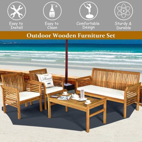 Tangkula 4 Piece Outdoor Acacia Wood Sofa Set with Water Resistant Cushions, Padded Patio Conversation Table Chair Set w/Coffee Table for Garden, Backyard, Poolside (1) - Image 8