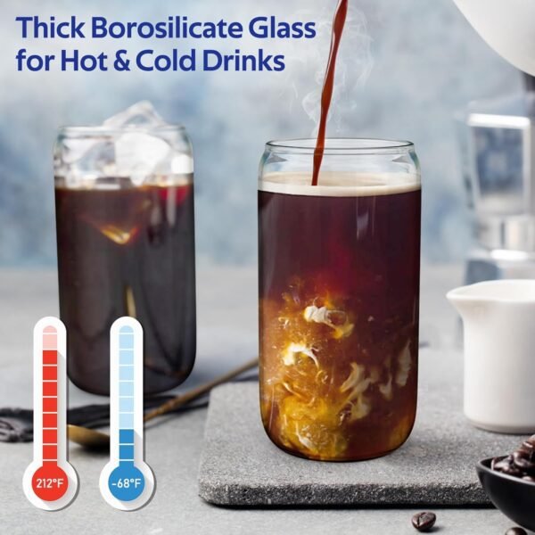 4 Set Glass Cups with Lids and Straws 16 oz, Glasses Drinking Set, Iced Coffee Cup with Bamboo Lids, Drinking Glasses Tumbler with Straw and Lid, Glass Can Coffee Cups, Drinking Glassware, 2 Brushes - Image 3