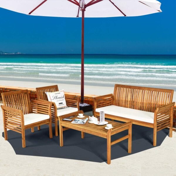 Tangkula 4 Piece Outdoor Acacia Wood Sofa Set with Water Resistant Cushions, Padded Patio Conversation Table Chair Set w/Coffee Table for Garden, Backyard, Poolside (1) - Image 2