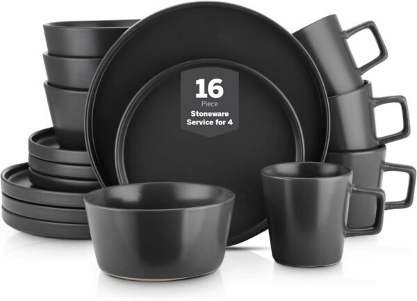 Stone Lain Coupe 16-Piece Stoneware Dish Set, Celina Service for 4, Black Plates and Bowls Dinnerware Set, Dishwasher and Microwave Safe, Black Matte