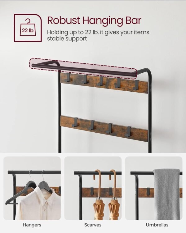 VASAGLE Coat Rack, Hall Tree with Shoe Bench for Entryway, Entryway Bench with Coat Rack, 4-in-1, with 9 Removable Hooks, a Hanging Rod, 13.3 x 33.1 x 72.1 Inches, Rustic Brown and Black UHSR400B01 - Image 4