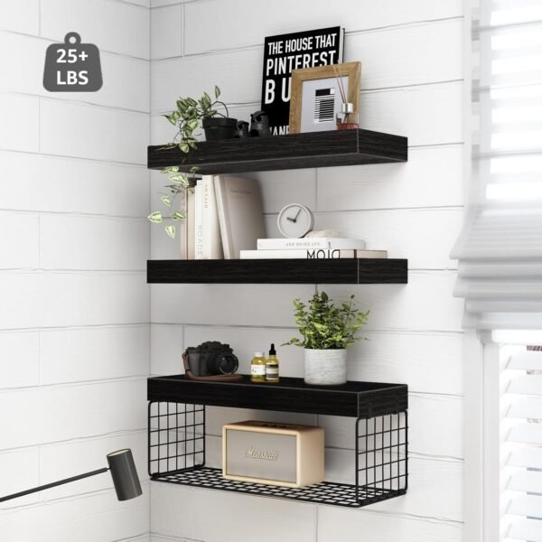 QEEIG Black Bathroom Shelves Over Toilet Wall Mounted Floating Shelves Farmhouse Shelf Toilet Paper Storage Small 16 inch Set of 3 (019-B3) - Image 4