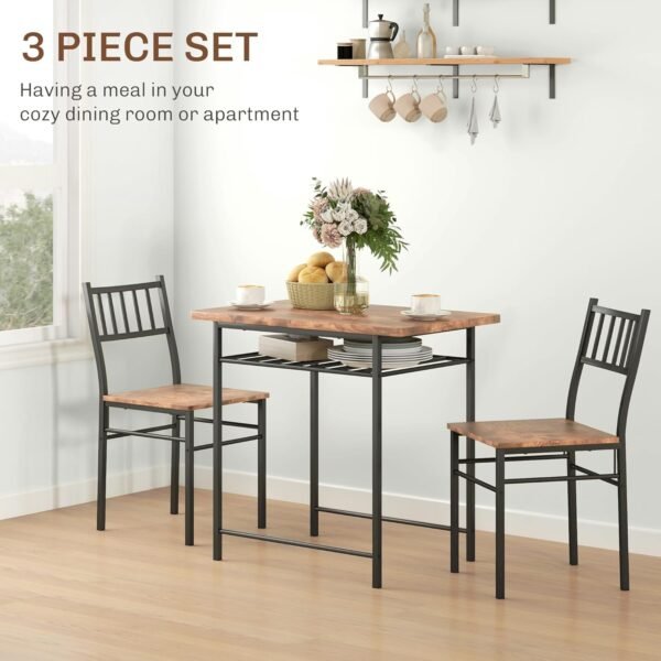 HOMCOM 3-Piece Dining Table Set for 2, Small Kitchen Table and Chairs with Built-in Storage Rack and Steel Frame, for Breakfast Nook and Small Space, Rustic Brown - Image 4