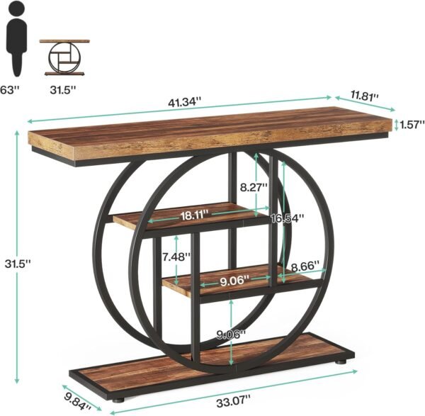 Tribesigns 41.3" Console Table, Industrial 4-Tier Sofa Table Entryway Table with Circle Base, Narrow Wood Accent Tables with Storage Shelves for Living Room, Hallway, Foyer, Rustic Brown - Image 2