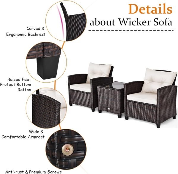 Tangkula 3 Pieces Patio Furniture Set, PE Rattan Wicker 3 Pcs Outdoor Sofa Set w/Washable Cushion and Tempered Glass Tabletop, Conversation Furniture for Garden Poolside Balcony (White) - Image 7