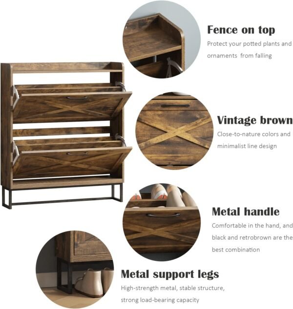 Maupvit Shoe Storage Cabinet with 2 Flip Drawers, Freestanding Organizer with Metal Legs for Entryway, Narrow Shoe Rack Cabinet, Rustic Brown - Image 4