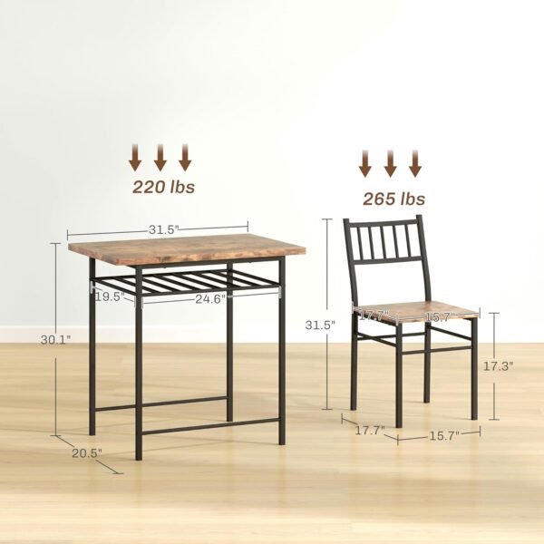 HOMCOM 3-Piece Dining Table Set for 2, Small Kitchen Table and Chairs with Built-in Storage Rack and Steel Frame, for Breakfast Nook and Small Space, Rustic Brown - Image 5