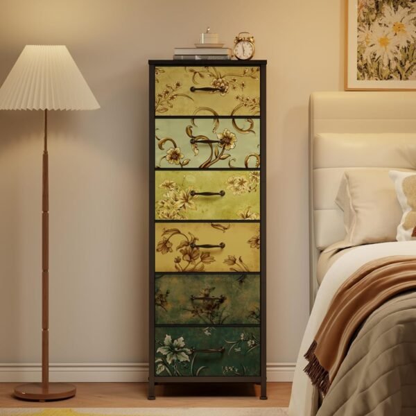 Furnulem Tall 6 Drawers Dresser, Vintage Storage Organizer Unit with Fabric Bins for Bedroom, Living Room, Closet, Nusery, Dorm, Entryway, Bedside Furniture, Sturdy Metal Frame, Wood Top - Image 4