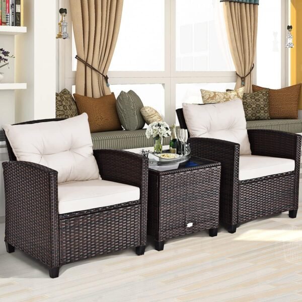 Tangkula 3 Pieces Patio Furniture Set, PE Rattan Wicker 3 Pcs Outdoor Sofa Set w/Washable Cushion and Tempered Glass Tabletop, Conversation Furniture for Garden Poolside Balcony (White) - Image 3