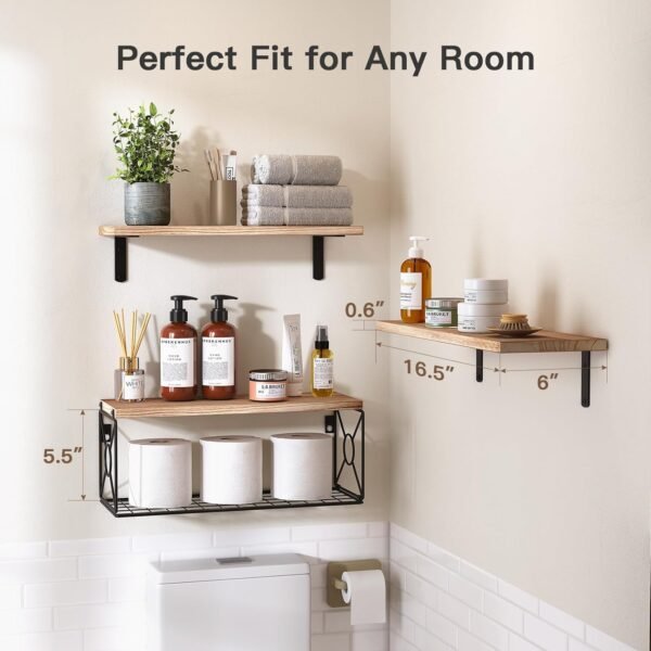 Amada Bathroom Shelves Over Toilet with Storage Basket, Floating Shelves Wall Shelves for Home Organization & Wall Decor, Bathroom/Kitchen/Living Room Shelves–Natural Wood - Image 3