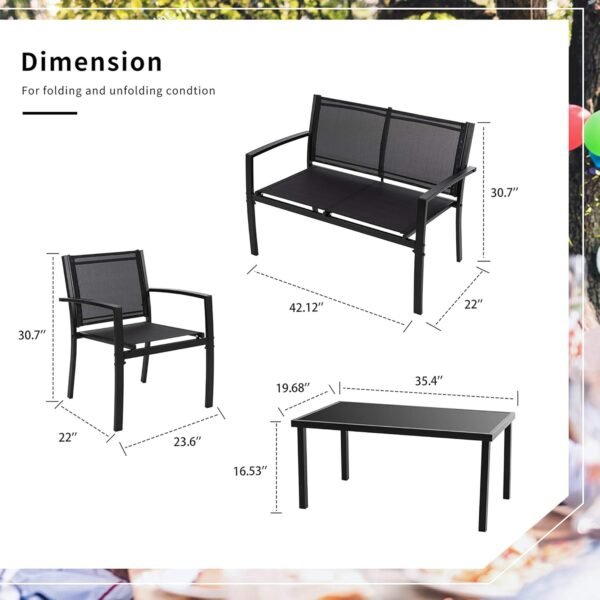 Shintenchi 4 Pieces Patio Furniture Set All Weather Textile Fabric Outdoor Conversation Set, with Glass Coffee Table, Loveseat, 2 Single Chairs for Home, Garden, Lawn, Porch（Black） - Image 5
