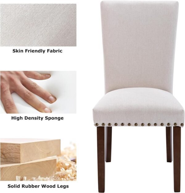 COLAMY Upholstered Parsons Dining Chairs Set of 4, Fabric Dining Room Kitchen Side Chair with Nailhead Trim and Wood Legs - Beige - Image 7