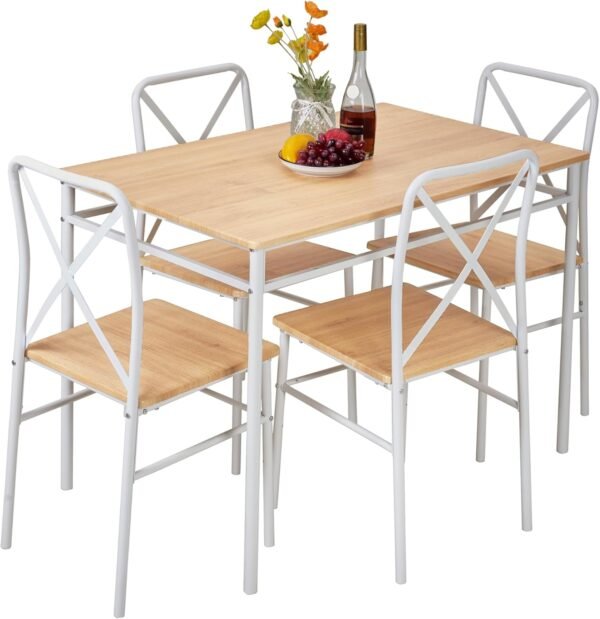 VECELO 5-Piece Kitchen Dining Table Set, Wood Tabletop & Heavy-Duty Metel Frame, Rectangle Dinette with 4 Chairs for Small Space, Breakfast Nook, Natural & White - Image 8