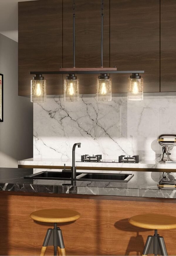 Amico Dining Room Light Fixture 4-Light Kitchen Island Lighting with Adjustable Rods, Farmhouse Decor Black Metal & Wood Chandelier with Seeded Glass Shade, Island Lights for Kitchen - Image 7