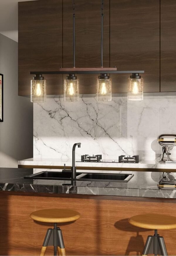 Amico Dining Room Light Fixture 4-Light Kitchen Island Lighting with Adjustable Rods, Farmhouse Decor Black Metal & Wood Chandelier with Seeded Glass Shade, Island Lights for Kitchen - Image 7