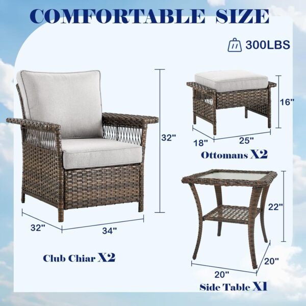 Outdoor Wicker Patio Furniture Set - 5 Piece Rattan Patio Conversation Sets with 2 Armrest Chairs,2 Ottomans and 1 Side Table for Porch Deck Garden(Brown/Beige) - Image 3