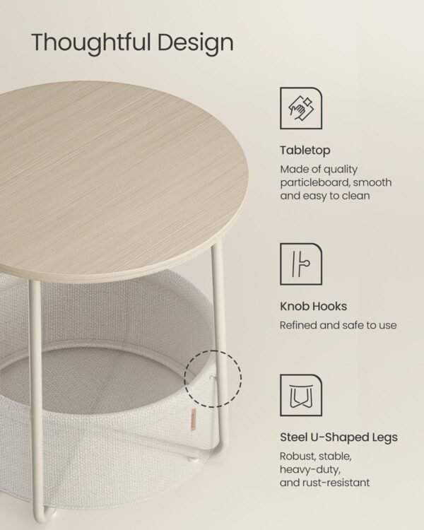 VASAGLE End Table, Small Bedside Table with Fabric Basket, Modern Nightstand, Round Side Table, for Living Room, Bedroom, Cream White ULET223K67 - Image 6