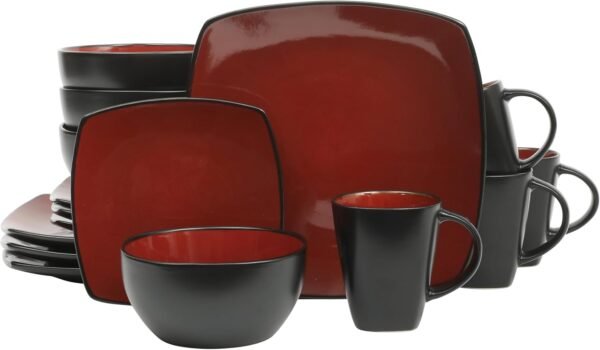 Gibson Soho Lounge Square Reactive Glaze Dinnerware Set, Red, Service for 4 (16pcs) - Image 5