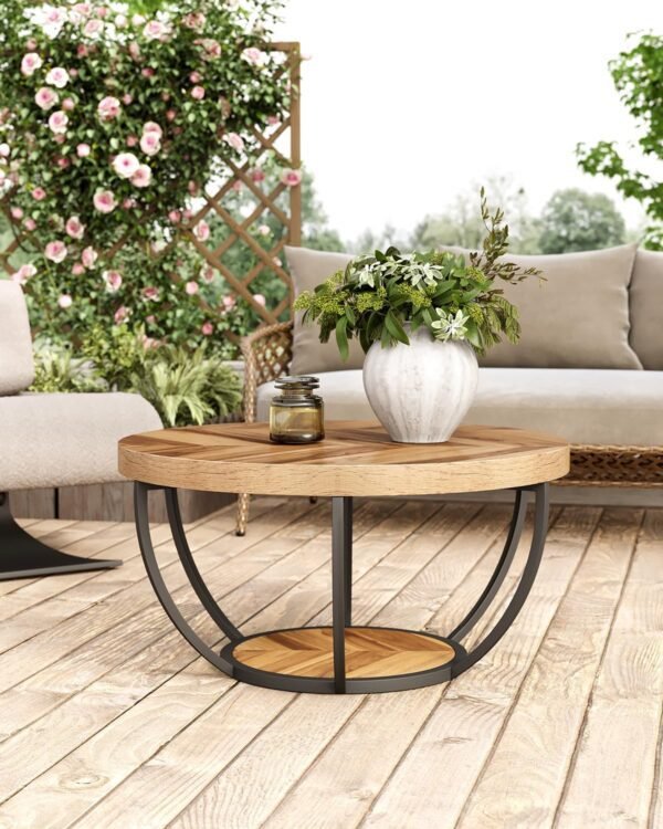 LITTLE TREE Round Coffee Table, 32" Circle Coffee Table for Living Room, 2-Tier Wood Accent Center Table with Open Storage Industrial Design Home Furniture (Wood Grain and Black) - Image 5