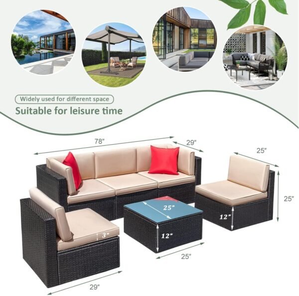 Devoko Patio Furniture Sets 6 Pieces Outdoor Sectional Rattan Sofa Manual Weaving Wicker Patio Conversation Set with Glass Table and Cushion (Beige) - Image 7