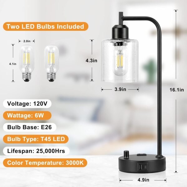 Industrial Table Lamps for Bedrooms Set of 2 - Fully Dimmable Bedside Lamps with USB A and C Ports and Outlet, Black Nightstand Lamps with Glass Shade for Living Room, Desk Lamps for Office Reading - Image 2