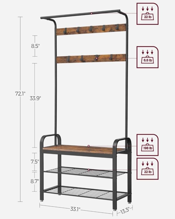 VASAGLE Coat Rack, Hall Tree with Shoe Bench for Entryway, Entryway Bench with Coat Rack, 4-in-1, with 9 Removable Hooks, a Hanging Rod, 13.3 x 33.1 x 72.1 Inches, Rustic Brown and Black UHSR400B01 - Image 5