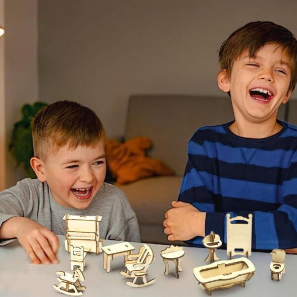 LOVEINUSA DIY Wooden Dollhouse Furniture Set, 3D Puzzle Miniature Room Accessories, Natural Wood - Image 2