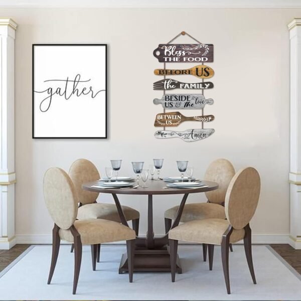 Bless the Food Before Us Farmhouse Kitchen Wall Decor - Dining Room Decorations Collage Wall Art in Neutral Grey Color - Wooden Rustic 6pcs Roped Sign 25x14 Inches Vertical - Image 3
