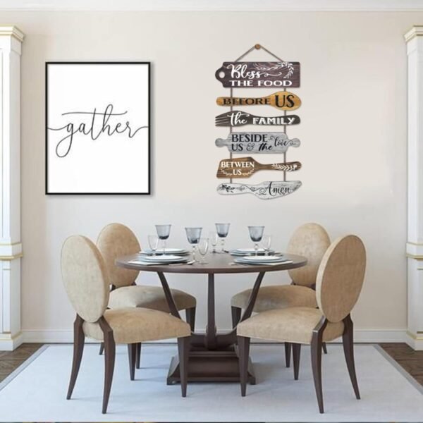 Bless the Food Before Us Farmhouse Kitchen Wall Decor - Dining Room Decorations Collage Wall Art in Neutral Grey Color - Wooden Rustic 6pcs Roped Sign 25x14 Inches Vertical - Image 3