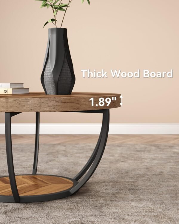 LITTLE TREE Round Coffee Table, 32" Circle Coffee Table for Living Room, 2-Tier Wood Accent Center Table with Open Storage Industrial Design Home Furniture (Wood Grain and Black) - Image 7