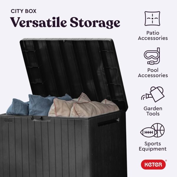 Keter City 30 Gallon Resin Outdoor Storage Box and Patio Storage Box Side Table for Pool and Garden Accessories, Dark Grey - Image 4