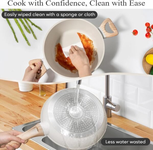 12 Pcs Pots and Pans Set, Nonstick Cookware Sets White Granite Induction Cookware, Non-toxic Healthy Non Stick Kitchen Cooking Set with Frying Pans Set, Saucepans,Steamer (PFAS, PFOA, PFOS Free) - Image 5