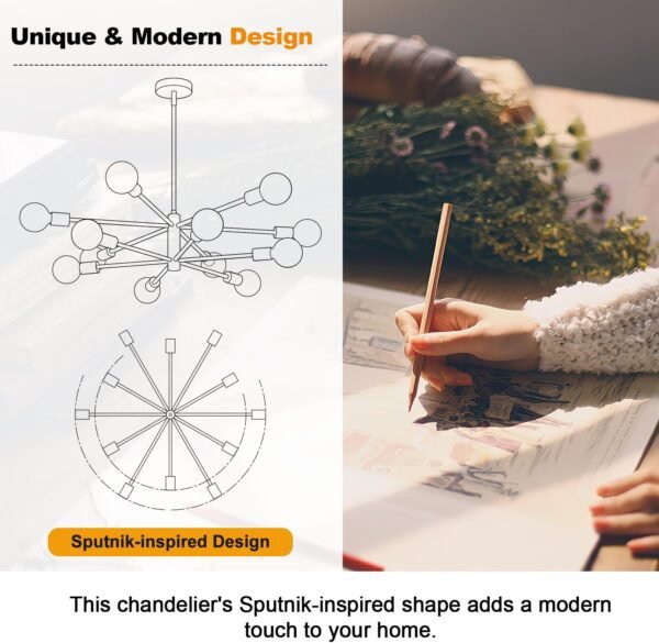 33" Modern Chandelier Ceiling Light Fixture, 12-Light Sputnik Chandeliers Gold and Black Mid Century Chandelier Over Table, Height Adjustable Chandeliers for Dining Room Living Room Kitchen Island - Image 6