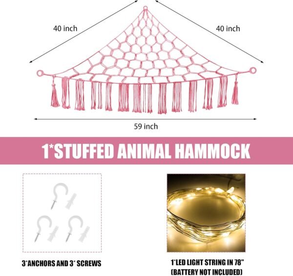Stuffed Animal Hammock with LED Light, Toy Hammock for Stuffed Animals Storage for Kids Room Decor, Stuffed Animal Hammock Corner, Pink - Image 5